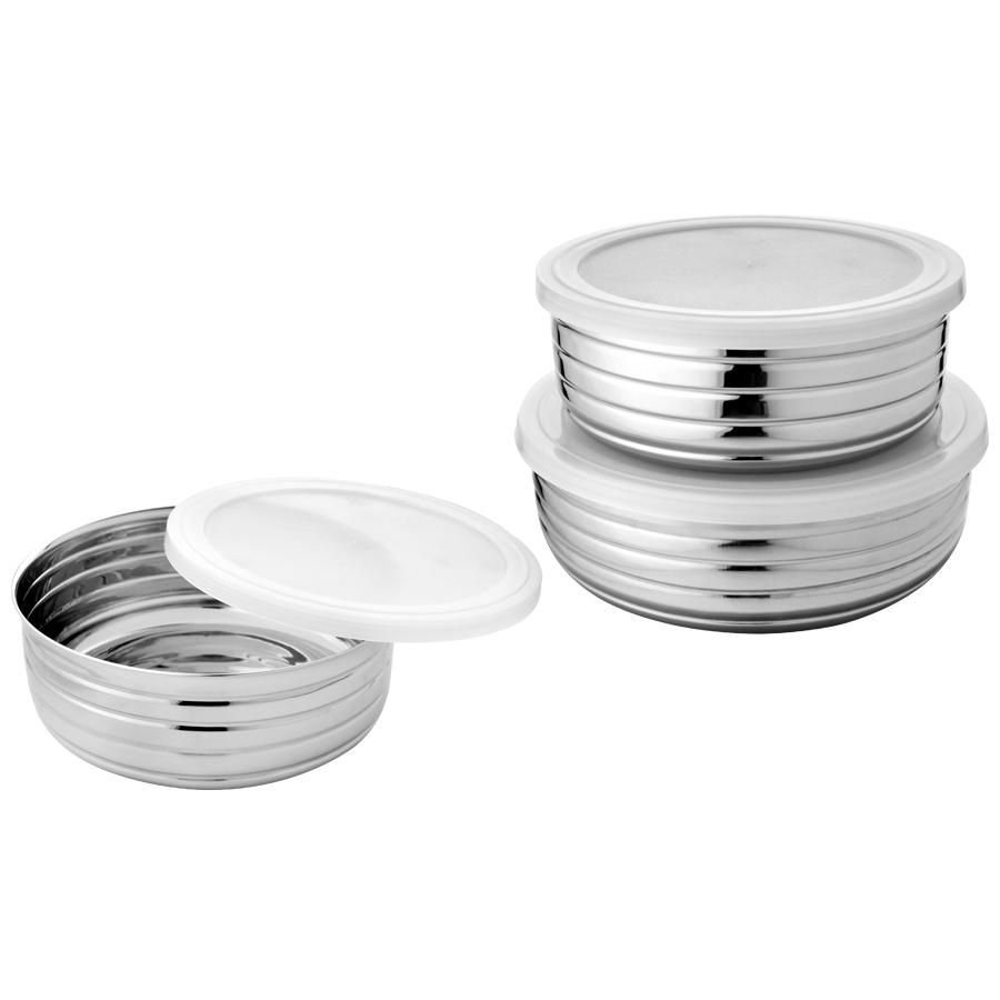 Steel Storage Flat Ribbed Container Set With PP Lid, 3 pcs (750 ml + 1000 ml + 1300 ml)