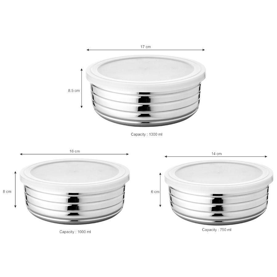 Steel Storage Flat Ribbed Container Set With PP Lid, 3 pcs (750 ml + 1000 ml + 1300 ml)