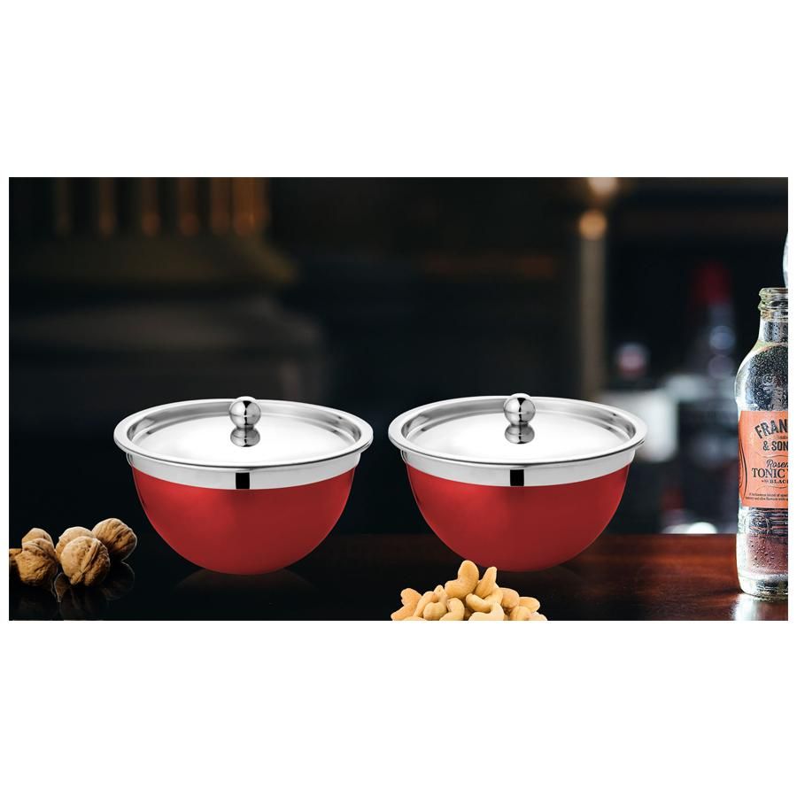 Vinayak Steel Premium Serving Bowl With Steel Lid - Maroon, 500 ml Set of 2