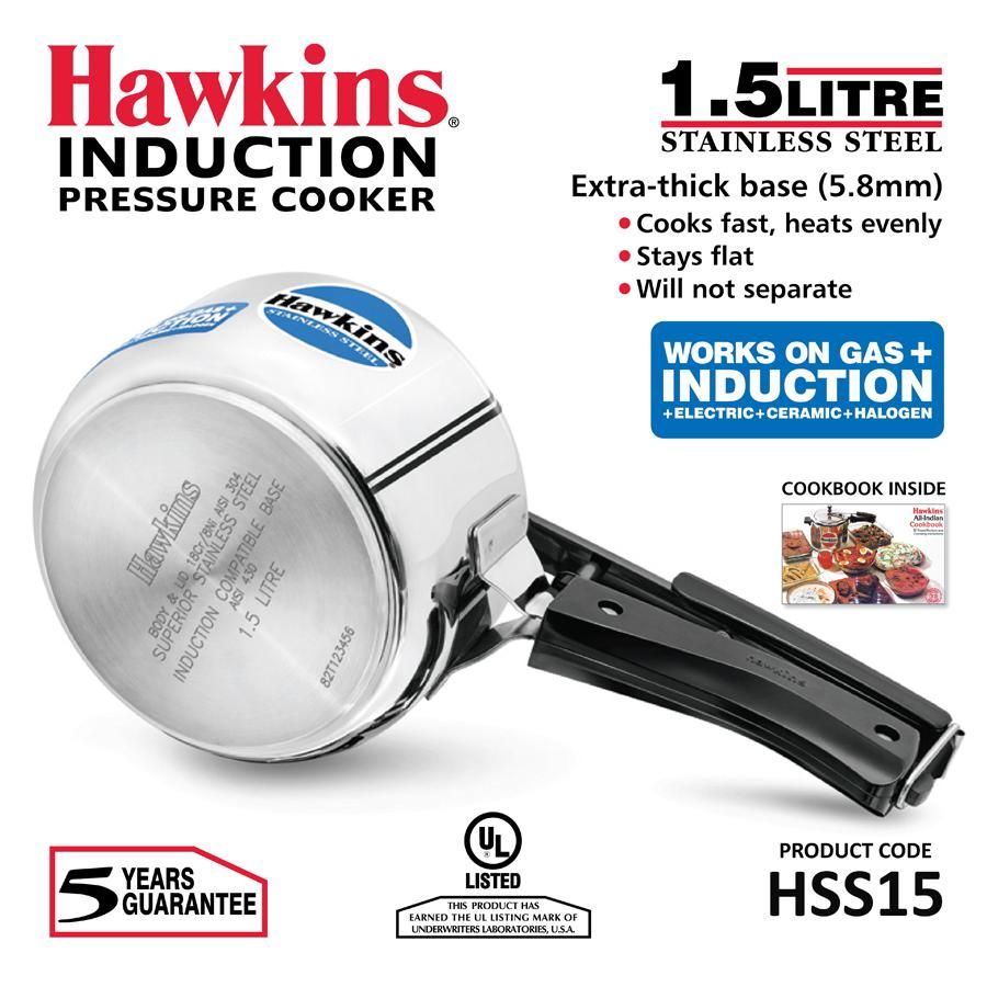 Hawkins Stainless Steel Pressure Cooker HSS15, 1.5 L