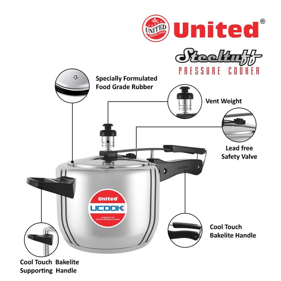 United Stainless Steel Pressure Cooker - Steeltuff, Induction Base, Silver, 3 L