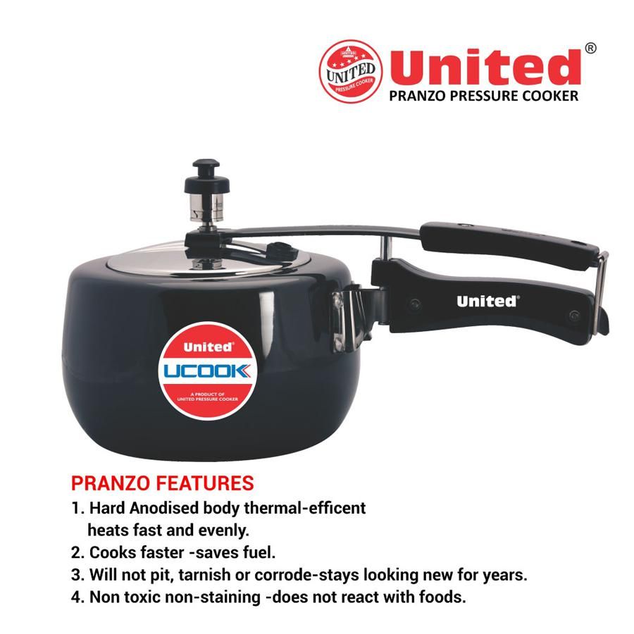 United Aluminium Pressure Cooker - Pranzo, Induction Base, Hard Anodised, Black, 3 L