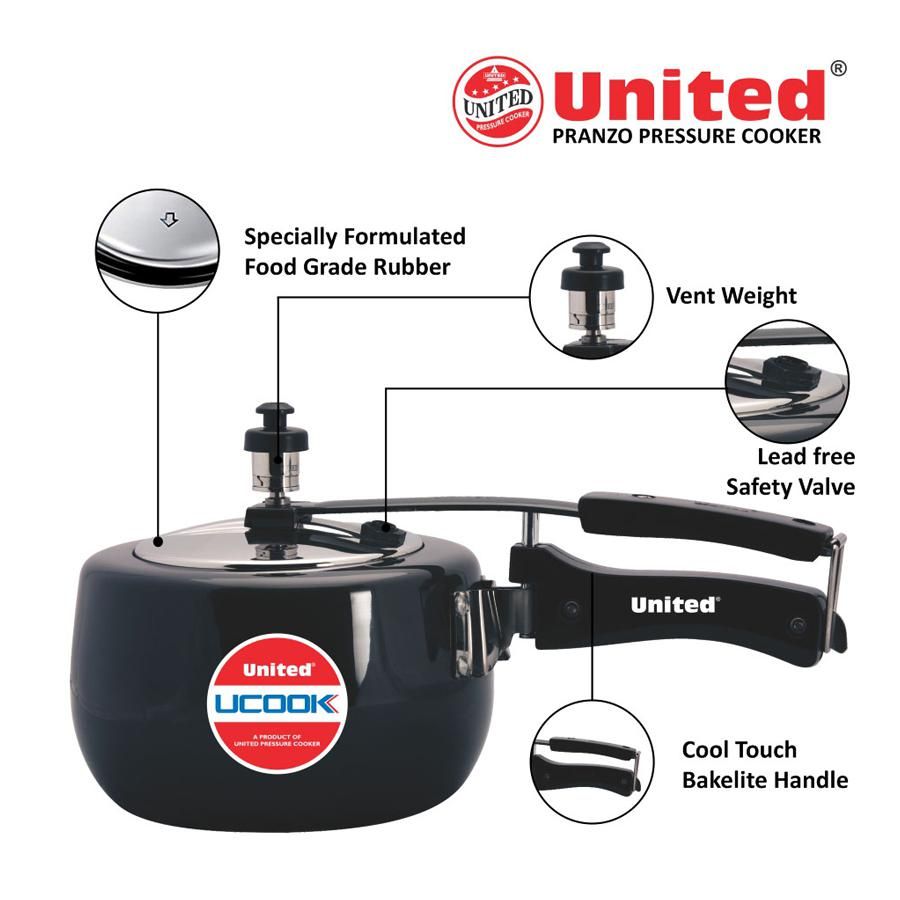 United Aluminium Pressure Cooker - Pranzo, Induction Base, Hard Anodised, Black, 3 L