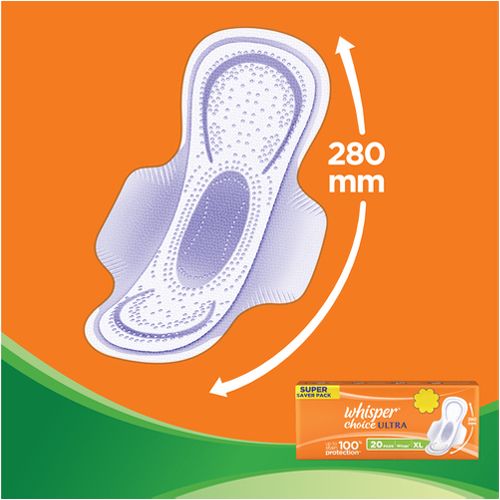 Whisper Choice Ultra Sanitary Pads - With Magic Gel, Provides Stain Protection, XL