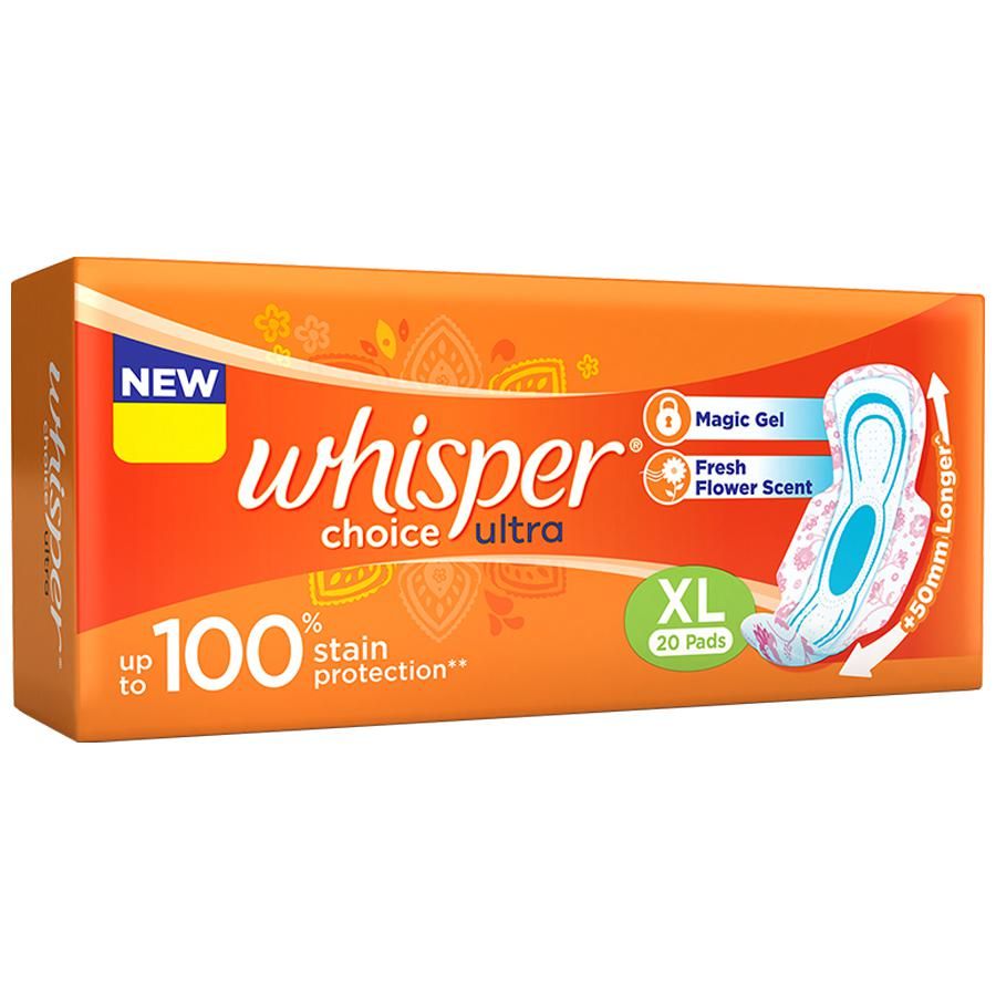 Whisper Choice Ultra Sanitary Pads - With Magic Gel, Provides Stain Protection, XL