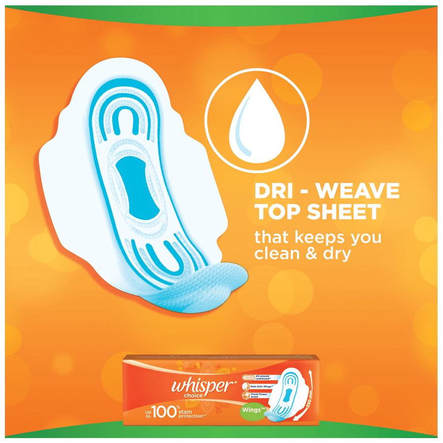 Whisper Choice Sanitary Pads - With Fresh Flower Scent, Protects From Stains,