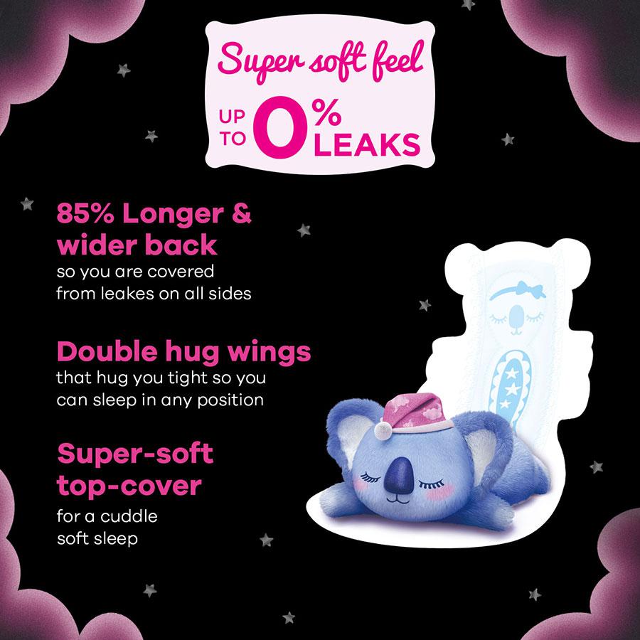 Whisper Bindazzz Nights Koala Soft Sanitary Pads - XXXL Plus, Double Huge Wings, Wider Back,