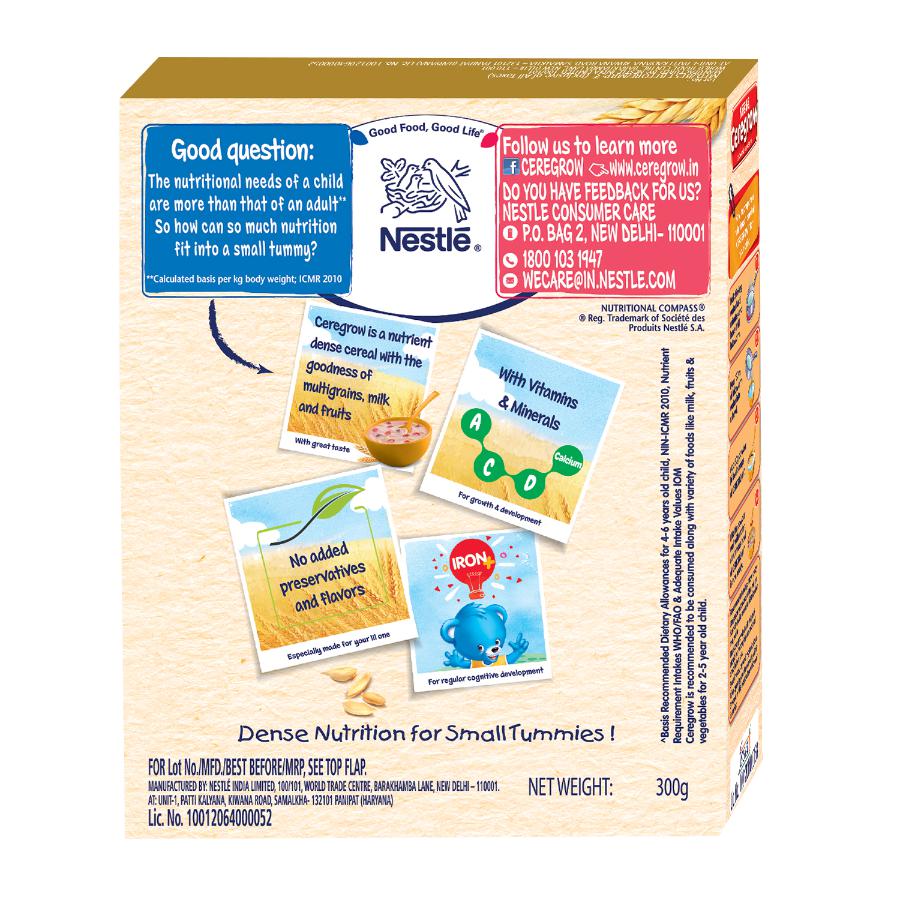 Nestle Ceregrow Baby Cereal - Multigrain with Milk & Fruits, From 2-5 Years, Rich in Iron