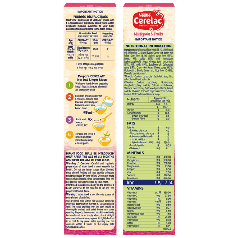 Nestle Cerelac Baby Cereal with Milk - Multigrain & Fruits, From 12-24 Months, Rich in Iron