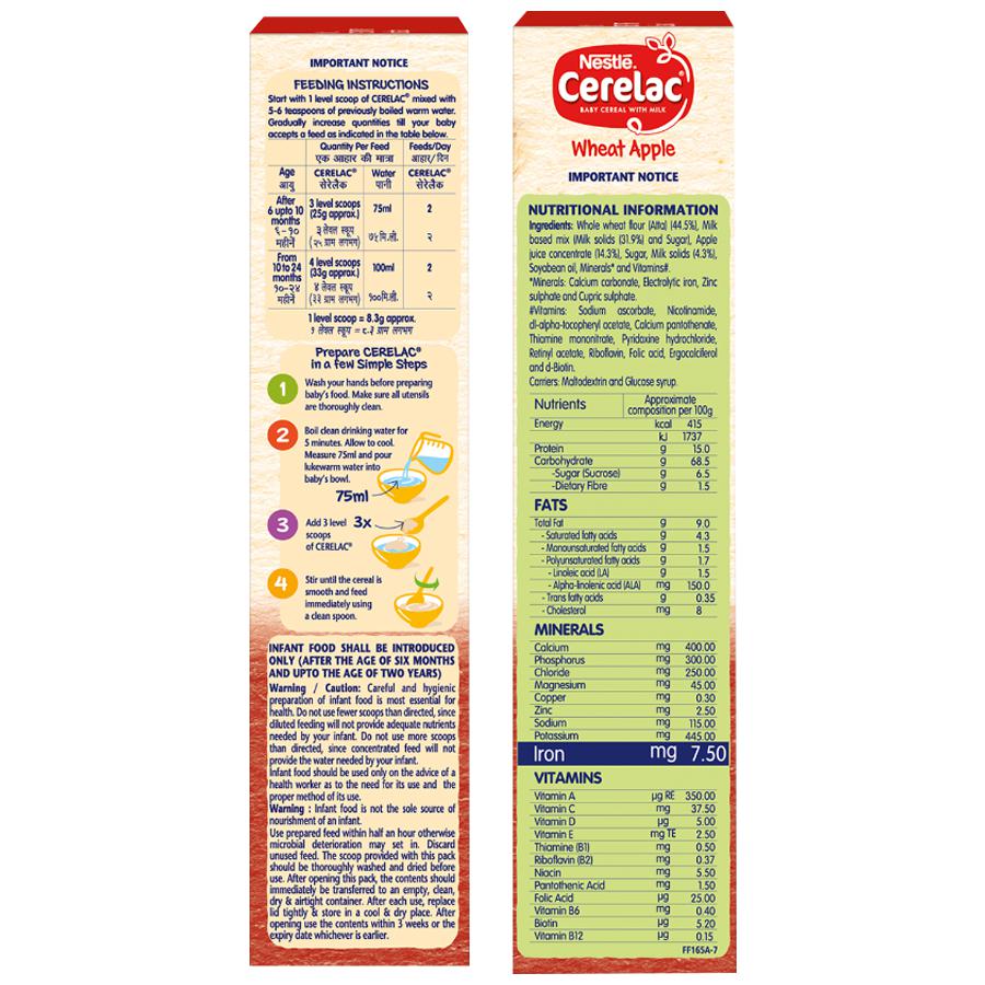 Nestle Cerelac Baby Cereal with Milk - Wheat Apple, From 6-12 Months, Rich in Iron