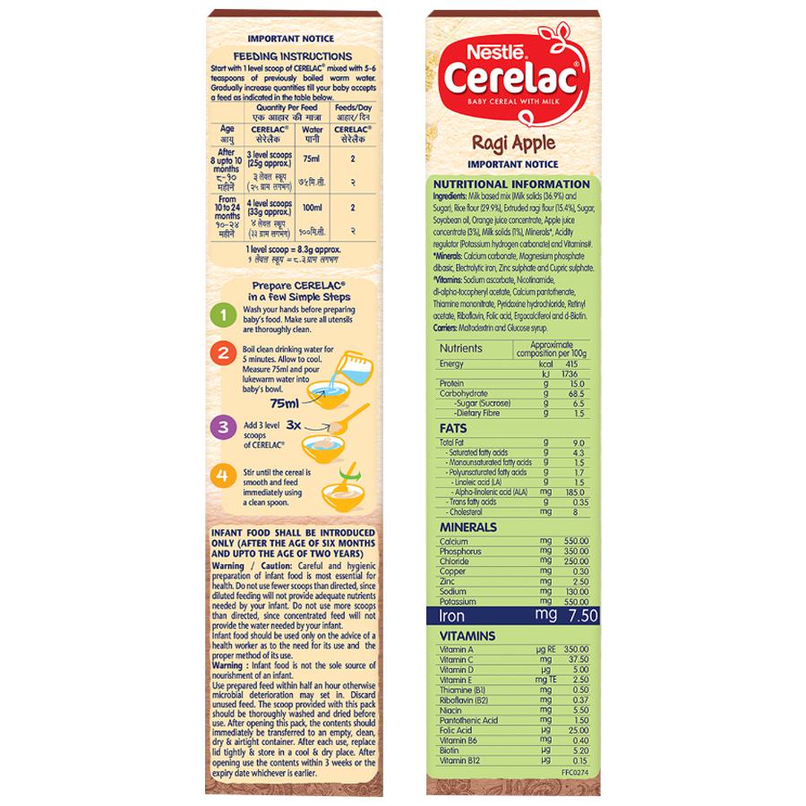 Nestle Cerelac Baby Cereal with Milk - Ragi Apple, From 8-12 Months, Rich in Iron