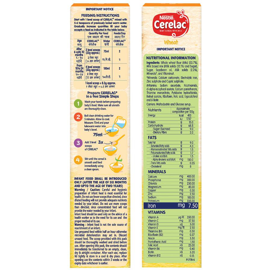 Nestle Cerelac Baby Cereal with Milk - Wheat, From 6-12 Months, Rich in Iron