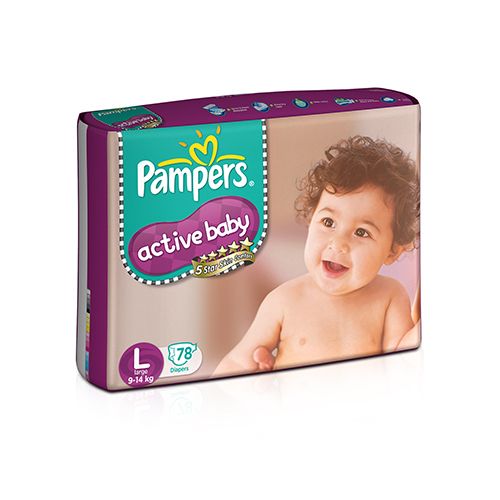 ampers Active Baby Tape Style Diapers - Cotton-Like Softness, Protects From Rashes, L, 78 pcs Pouch