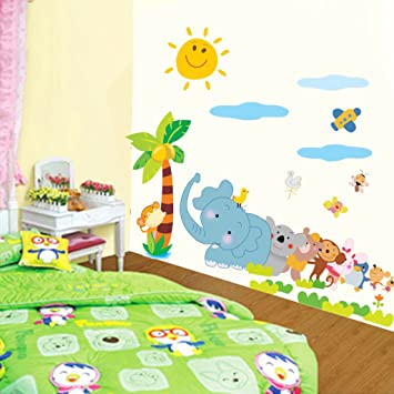 Decals Design 'Jungle Cartoon Cute Animals' Wall Sticker (PVC Vinyl, 60 cm x 90 cm, Multicolour)