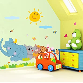 Decals Design 'Jungle Cartoon Cute Animals' Wall Sticker (PVC Vinyl, 60 cm x 90 cm, Multicolour)