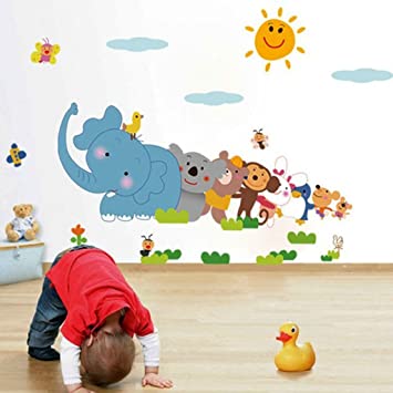 Decals Design 'Jungle Cartoon Cute Animals' Wall Sticker (PVC Vinyl, 60 cm x 90 cm, Multicolour)