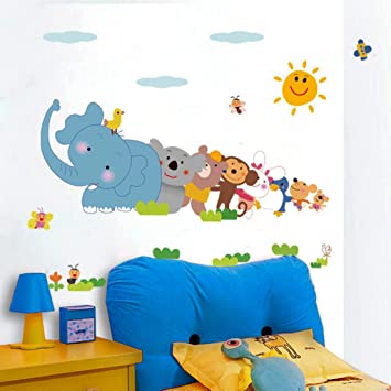 Decals Design 'Jungle Cartoon Cute Animals' Wall Sticker (PVC Vinyl, 60 cm x 90 cm, Multicolour)