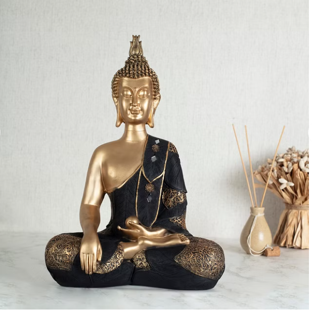 Zen Polyresin Embellished Buddha Hand Finished Figurine 38Cm in Black Colour