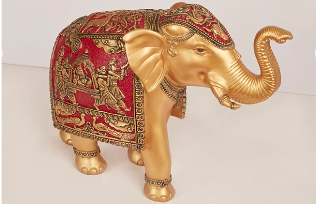 Miraya Deco Elephant Polyresin Hand Finished Figurine 31Cm in Gold & Maroon Colour