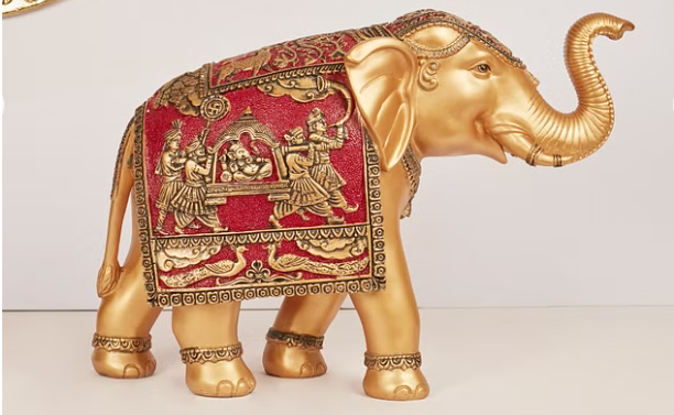 Miraya Deco Elephant Polyresin Hand Finished Figurine 31Cm in Gold & Maroon Colour