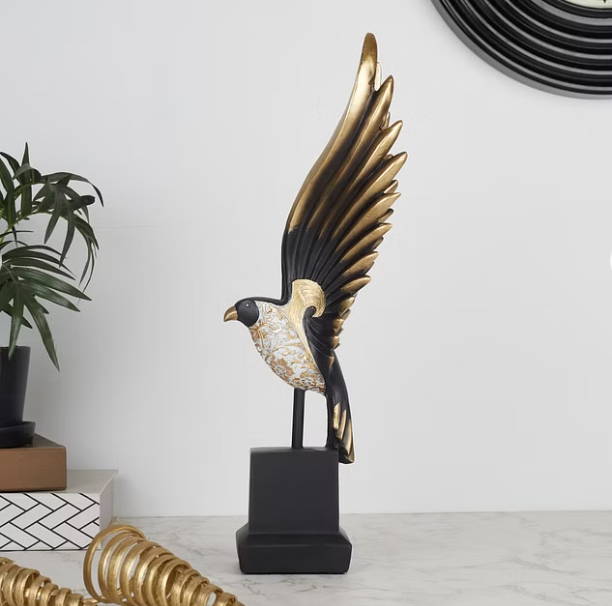 Miraya Polyresin Flying Bird, Hand Finished Figurine 38Cm in Black & Gold Color