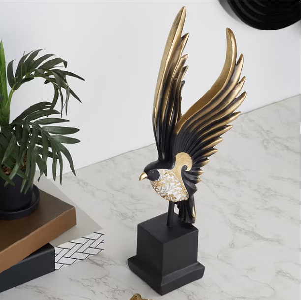 Miraya Polyresin Flying Bird, Hand Finished Figurine 38Cm in Black & Gold Color