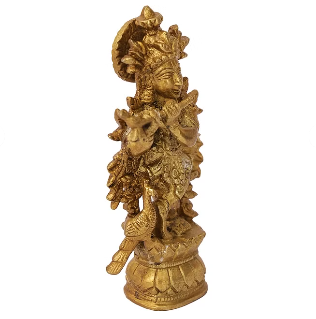 Tirth Brass Krishna Playing Bansuri Figurine 6x14cm in Gold Color