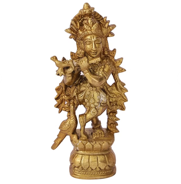 Tirth Brass Krishna Playing Bansuri Figurine 6x14cm in Gold Color