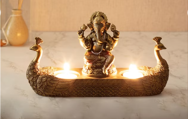 Dynast Polyresin Embellished Ganesha Hand Finished Figurine Cum Tealight Holder 14Cm in Bronze Color