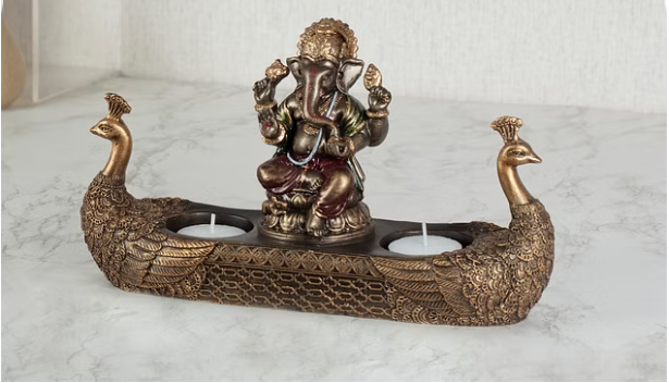 Dynast Polyresin Embellished Ganesha Hand Finished Figurine Cum Tealight Holder 14Cm in Bronze Color