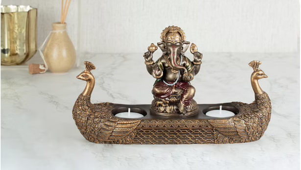 Dynast Polyresin Embellished Ganesha Hand Finished Figurine Cum Tealight Holder 14Cm in Bronze Color